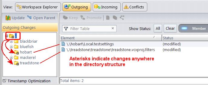 Note that directories are marked with an asterisk regardless of where in the directory the change is located.