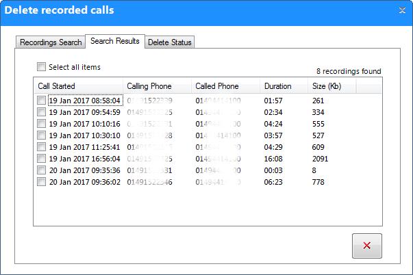 Select the call recordings you want to delete by clicking on the tick box next to the file name, or select