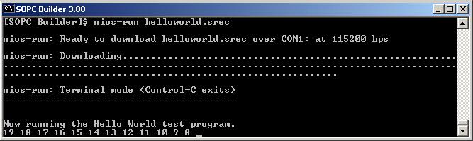 our system. From the command prompt, we use the nios-build and nios-run utilities to compile a C program, and then load and run it on our Nios system.