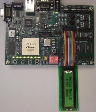 JTAG Ethernet Serial port External flash memory LEDs Push-button switches Stratix 1S10 PLD 7-segment LED External SRAM LCD display Figure 8.