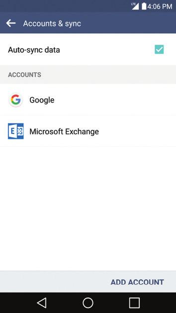 Email Setup From Home, tap Apps > Settings > General tab > Accounts & sync > ADD ACCOUNT, and then select an account type.