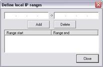 Define Local IP Ranges Window The Define local IP ranges window lets you define IP address ranges which the Image Server should recognize as coming from a local network.