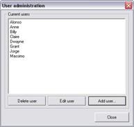 User administration window Access: You access the User administration window by clicking the User Setup... button in the ImageServer Administrator window (see page 145).