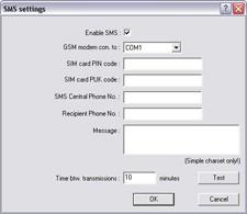 SMS Settings Window Note: Use of the SMS alert feature requires that an external Siemens TC-35 GSM modem has been attached to a serial port on the computer running the Milestone XProtect Professional