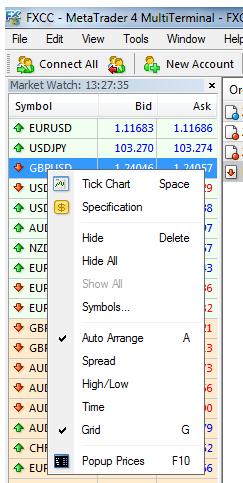 Right-click on the "Market Watch" window to produce the content menu as shown: 1. Tick Chart: Shows the tick chart for the selected instrument 2.
