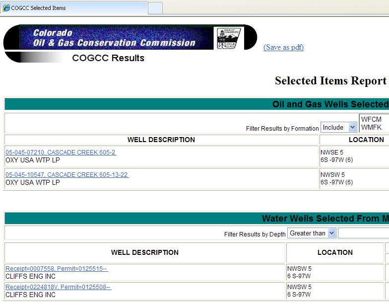 Selection Results Only wells and water wells are viewable in the Selection Results report.
