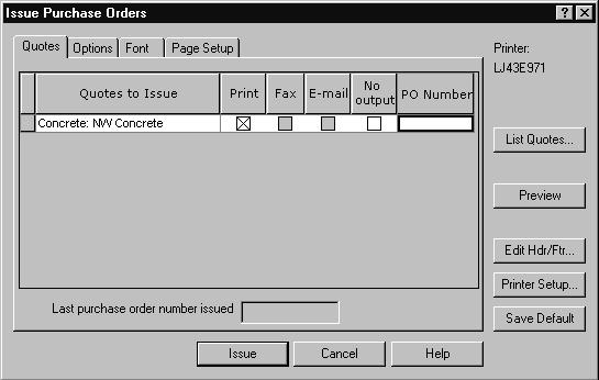 Getting Started With Buyout 32 Section 5 2 Click [Issue Purchase Orders] on the toolbar. The Issue Purchase Order window opens. The selected quote sheets appear in the quote grid.
