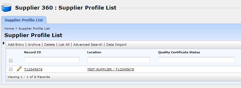 To view a specific Supplier Record, select the Supplier Name in the drop down prior to accessing the Supplier 360 application.