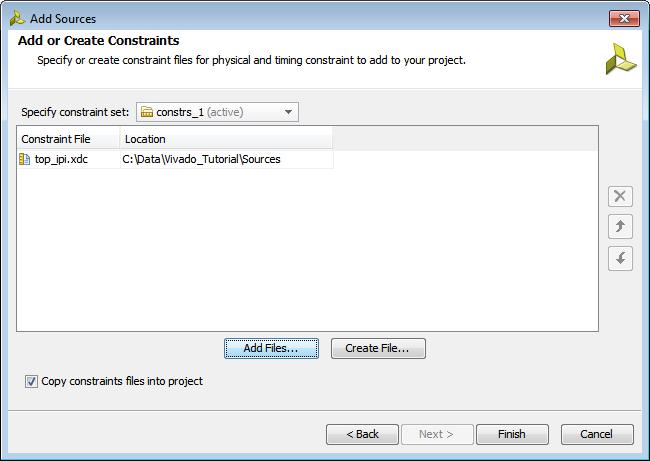 Step 7: Creating and Implementing the Top-Level Design Figure 42: Add IPI Constraints 9. The Add Constraints Files dialog box opens. Select the top_ipi.
