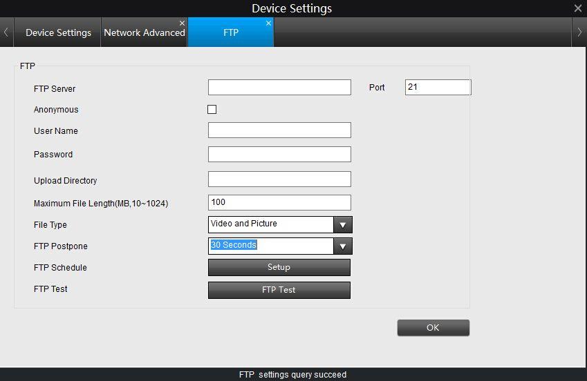 FTP Setup The recorded file can be uploaded to a FTP server. Click the Setup button next to FTP to enter the FTP settings.