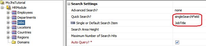 Limit Quick Search Feature to the JobTitle Field Set the Quick Search? property of the Jobs group to singlesearchfield and the Single or Default Search Item to JobTitle as shown below.