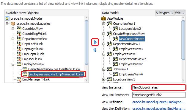 EmpManagerFKLink view link that was created by default when JDeveloper initially reverse-engineers ADF business components from the tables. To perform this task, do the following: 1.
