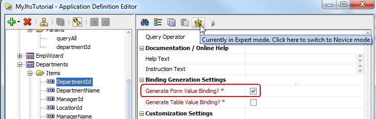 By default, this binding is not generated because the Departments group has only a table layout, not a form layout.