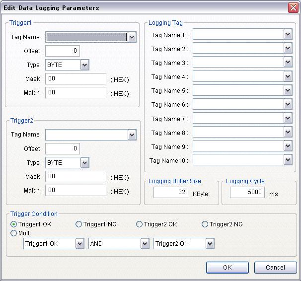 The Edit Data Logging Parameters Button is clicked to display the following dialog box and set the logging parameters. Up to ten logging tags can be registered.