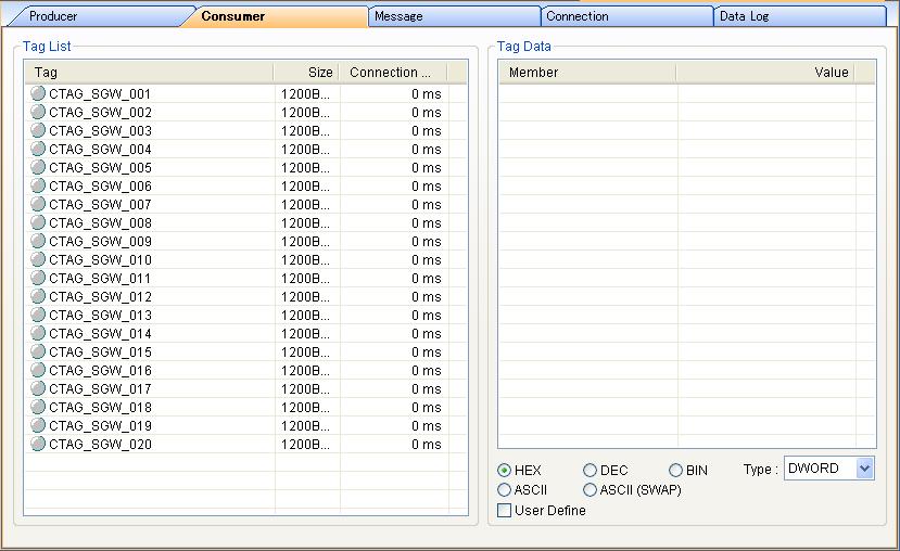 2.6.2 Consumer Tab Page The Consumer Tab Page is used to set monitor tags. The tab page is shown below. 2.6.2.1 Monitoring Tag Status The Consumer Tab Page is used to monitor the following data for all consume tags.