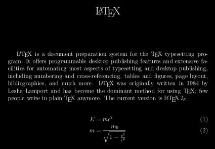 LaTeX Example \documentclass[12pt]{article}! \usepackage{amsmath}! \title{\latex}! \date{}! \begin{document}! \maketitle! \LaTeX{} is a document preparation system for the \TeX{}! typesetting program.