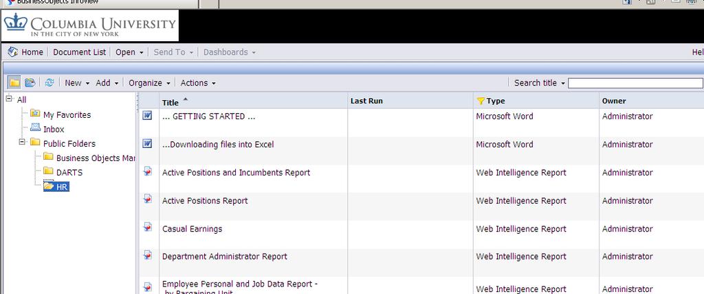 You accessed the listing of reports available to you in Enterprise Reporting. Business Objects InfoView This is the view of the new reporting portal.