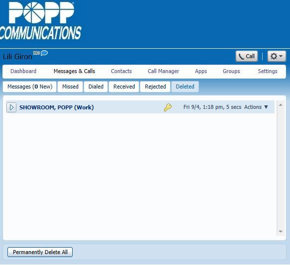 POPP Cmmunicatins Hsted IP Phne System End User CmmPrtal Reference Manual (Cisc Telephnes) 4.7. Deleted Messages This tab lists the messages and faxes in yur deleted items flder.