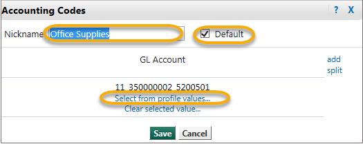 Enter a nickname for the GL code, click on Select from profile values and select appropriate code, check the Default option, then click Save. d.