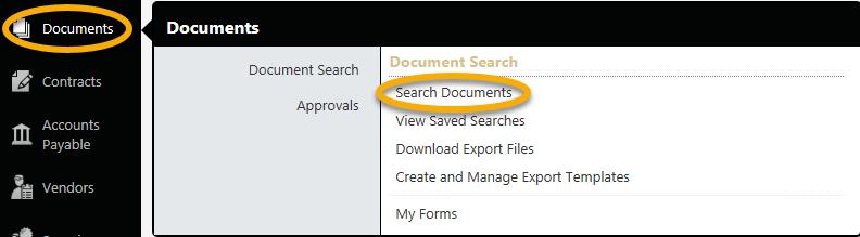 How to Search Documents (Requisitions, Purchase Orders) 1. Select the Documents option from the left menu, then click on Search Documents. 2.
