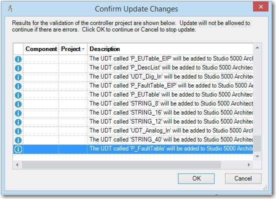 At the Confirm Update Changes window click OK to confirm the update of the Logix controller