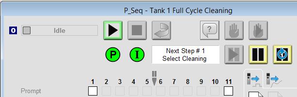 Pause points are identified by a pause symbol and an arrow between two steps. In the Tank 1 cleaning sequence, a pause point has been configured between steps 5 and 6.
