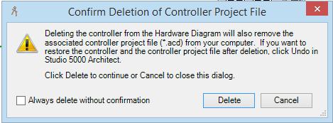 Note that deleting the controllers from the Hardware Diagram will also remove the associated controller project files from your computer.