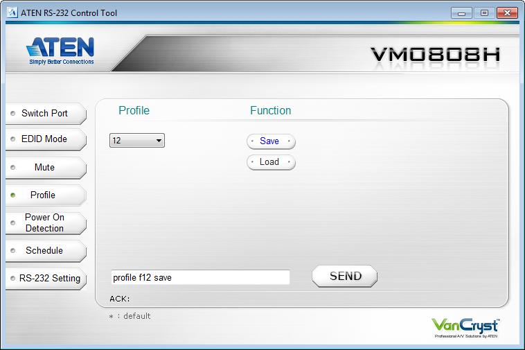 Profile The Profile page is used to Save/Load connection profiles stored on the VM0808H.