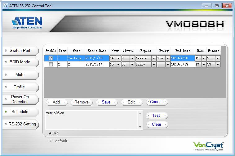 Schedule The Schedule page is used to send commands to the VM0808H at a particular date and time.
