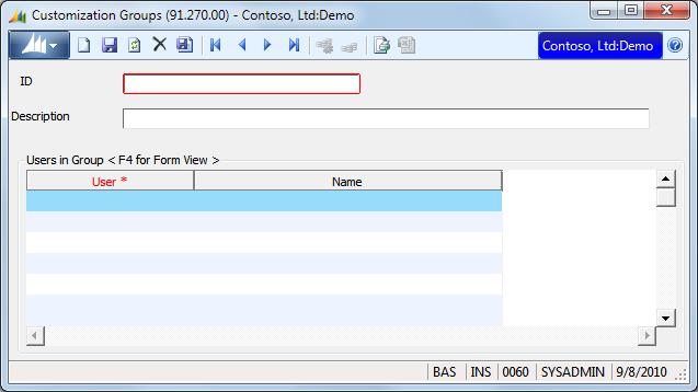 Reference 75 Customization Groups (91.270.00) Customization groups can be added and modified in Customization Groups (91.270.00). Figure 32: Customization Groups (91.270.00) ID An ID for a new or existing customization group.