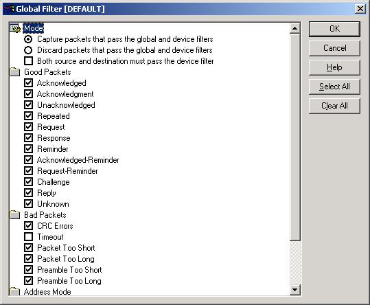 Figure 2.4 Global Filter Dialog 6. Click Capture Packets that Pass the Global and Device Filters to record packets that pass the requirements of the global and device filters into the Packet Log.
