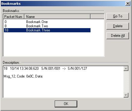 Figure 3.4 Bookmarks Dialog 2. The bookmarks are listed at the top of the dialog, sequentially by packet number.