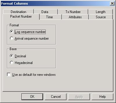 Figure 3.6 Format Columns Dialog 2. The dialog defaults to the Packet Number tab, which you can use to format the Packet Number field.