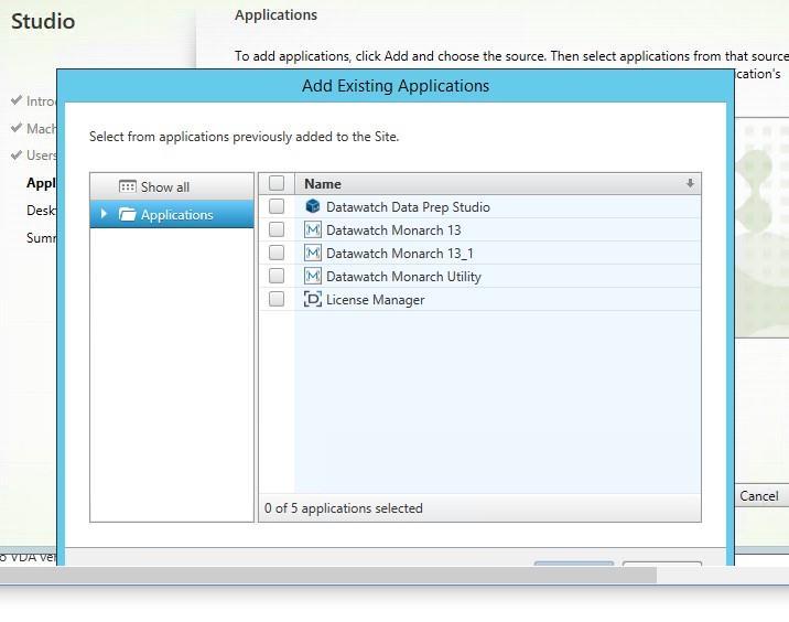 The Add Existing Applications dialog