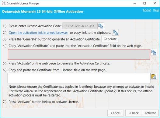 2. Ensure that the Activate Datawatch Monarch 15 x-bit using an Activation Code button is selected and then click Next to display the Activate