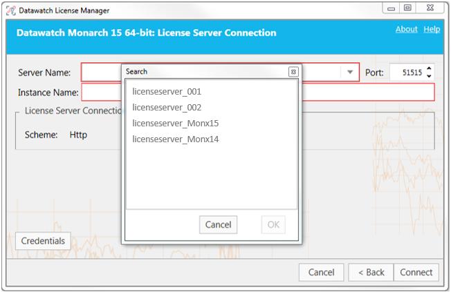 The License Server Connection screen displays. 2. Enter the name of the License Server you wish to connect to, as well as a valid instance name, into the corresponding fields.