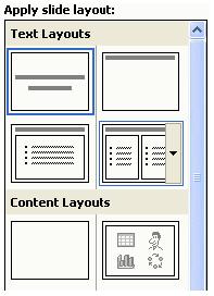 The available slide layouts come in four different categories; Text Layouts, Content Layouts, Text and Content Layouts and Other Layouts.