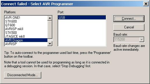 Programming from AVRStudio Make sure hardware is connected as shown above for ISP and DebugWire. Go to Tools Menu > Program AVR > Auto Connect.