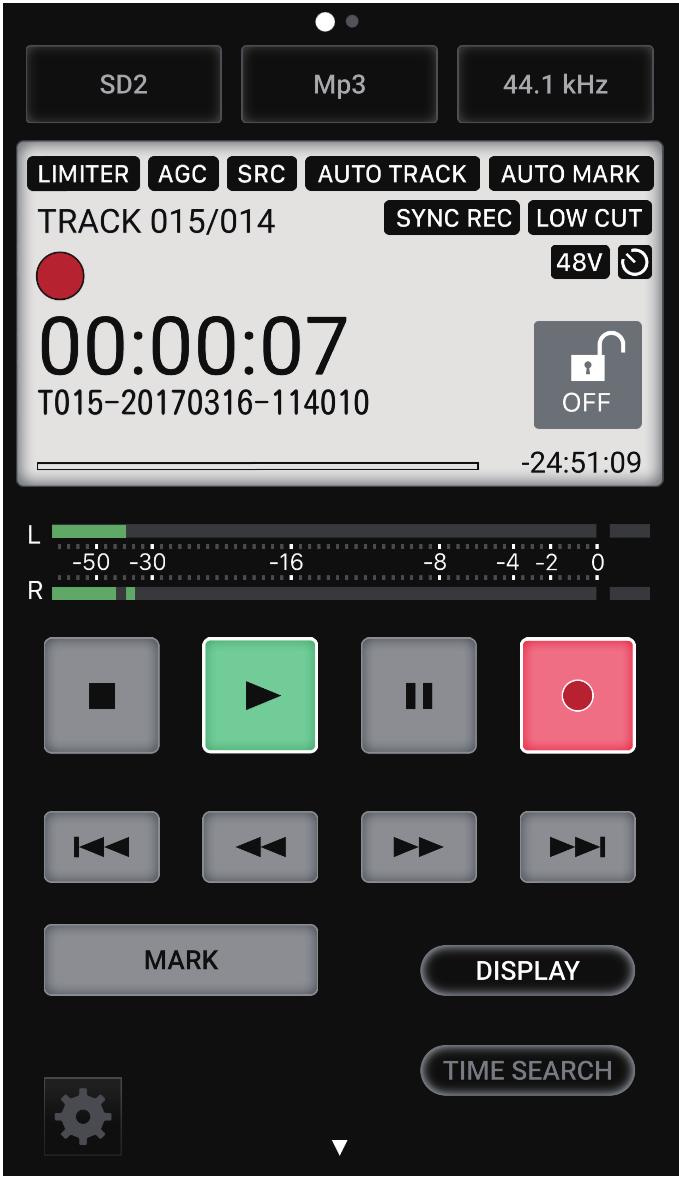 During recording, Track recording position bar The current recording position is shown by a bar. As recording progresses, the bar extends from the left.. Input levels The input sound levels are shown.