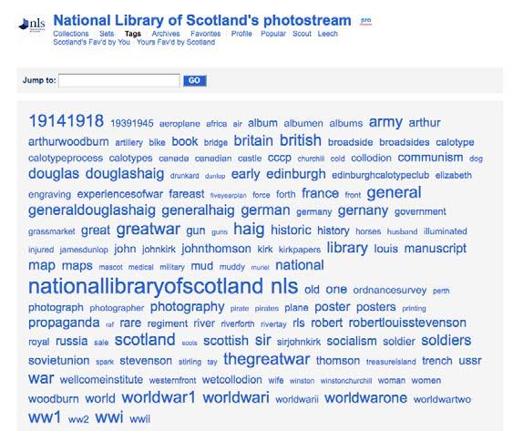 Tagging without Guidelines On the other hand, here s an example of a tag cloud from the National Library of Scotland, where no guidelines are applied and users are free to contribute tags: We have