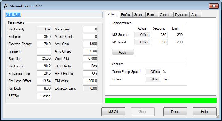 3 Select the Values tab and set the MS Source and MS Quad temperatures to ambient (room temperature) and click Apply to download these settings to the MSD.