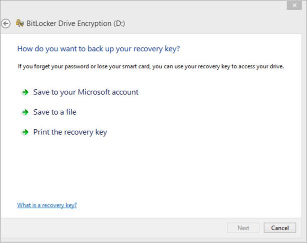 5. Select a backup method for the recovery key, and then click Next. (The screen image above is from BitLocker software.