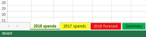 Double click on the worksheet name (eg Sheet1) Type the new name (eg 2016 spends) Press ENTER Colour worksheet tabs Useful for shared workbooks to guide users to relevant tabs, Right click on the