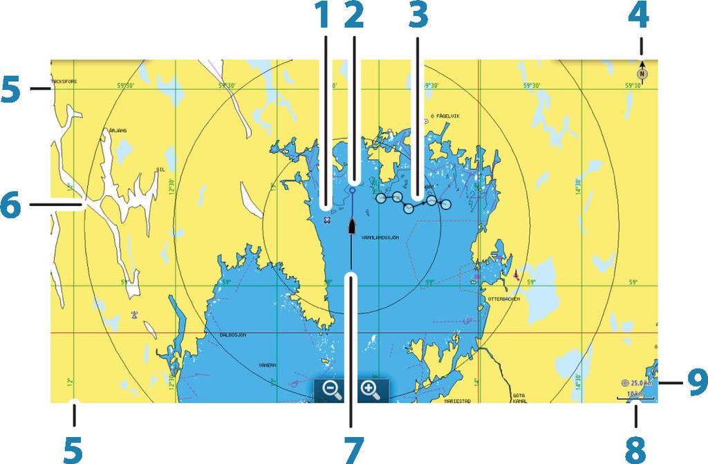 3 Charts The chart function displays your vessel s position relative to land and other chart objects. On the chart panel you can plan and navigate routes, place waypoints, and display AIS targets.
