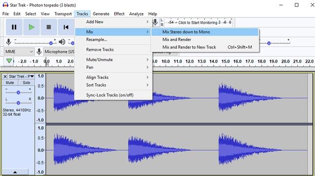 Your file should now have one waveform and the text on the left says Mono. This is your combined track.