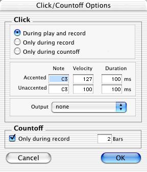 5 Choose MIDI > Click Options and set the Click and Countoff options as desired. (Click OK to apply these options.