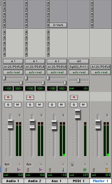Track type is indicated by the Track Type icons just below the faders. Audio tracks, Auxiliary Inputs, Master Faders, and MIDI tracks can be automated.