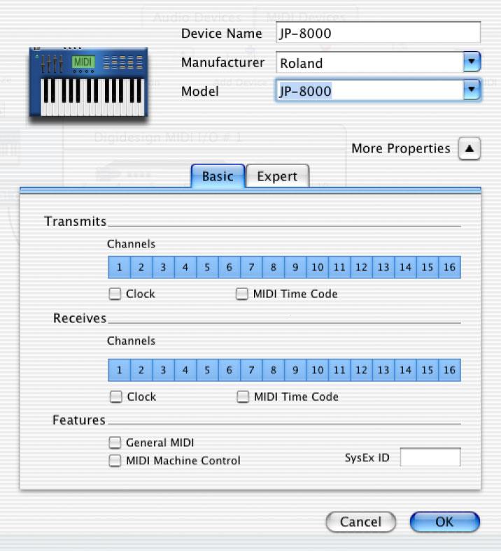 3 Click the More Properties arrow to expand the dialog, then enable the appropriate MIDI channels (1 16) for the Transmits and Receives options.
