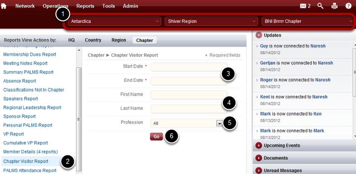 Verify Your Chapter Selection and Choose Your Report 1. Verify your Country, Region and Chapter selection 2. Click on the Chapter Visitor Report 3. Choose a date range.