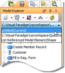 Select the QuickStart project to reference to. 4. Click Close. 5. The referenced project(s) are listed in the drop down menu at the top of the Model Explorer.